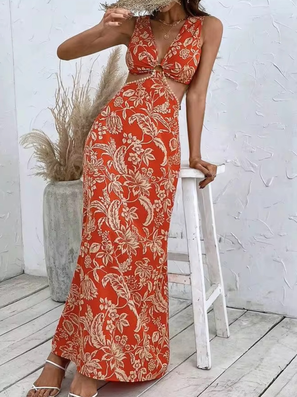 SHEIN Breezaya Plant Pattern Printed Hollow Out Tank Dress